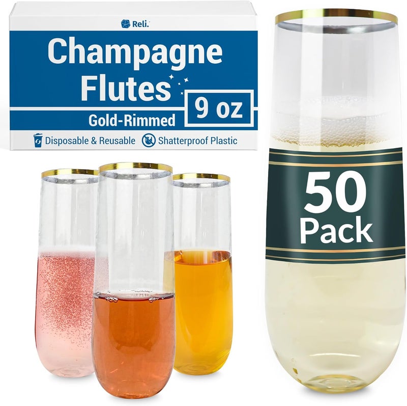 Reli. . Plastic Champagne Flutes (50 Pack, 9oz) Clear w/Gold Rim, Stemless | Disposable Champagne Flutes for Champagne, Mimosa, Cocktail, Wedding | BPA-Free Champagne Glasses Plastic, Shatterproof - Image 1